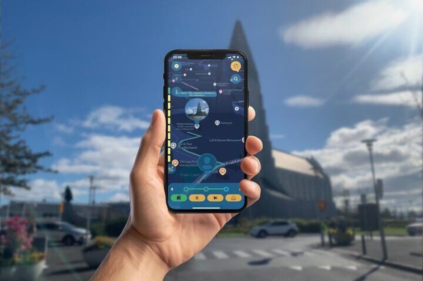 A hand holding a smartphone displaying a navigation app with a map and route options. 4