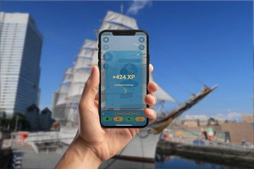 A hand holding a smartphone displaying a map with a notification of '+424 XP' and 'completed challenge.' 3