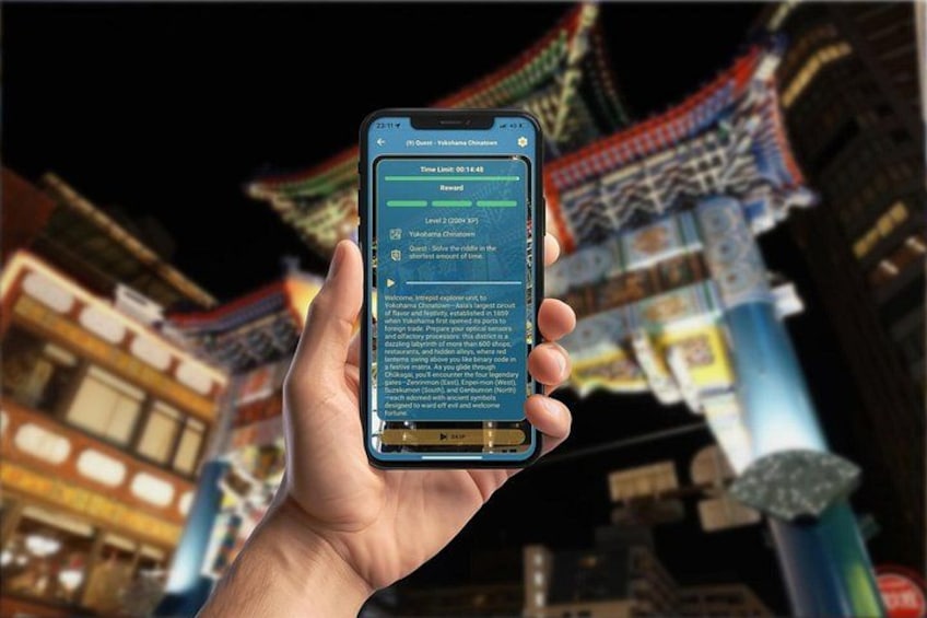 A hand holding a smartphone displaying a game interface with a traditional Asian building in the background. 2