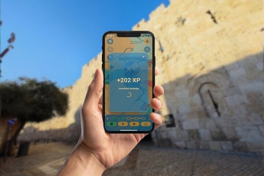 A hand holding a smartphone displaying a map with '+202 XP' and a completed exchange icon. 3
