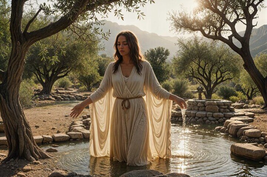 Purification at the Sacred Spring of Divari
A priestess honors the ancient ritual of cleansing, where the Andanian Mysteries once began. 1
