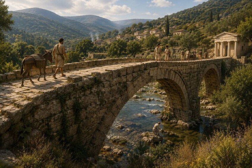 A stone bridge over a river, a person walking with a donkey, and a classical building in the background. 2