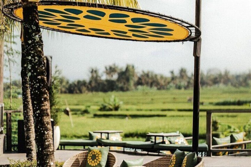 A tropical outdoor seating area with a patterned umbrella, palm trees, and a view of a green field. 4