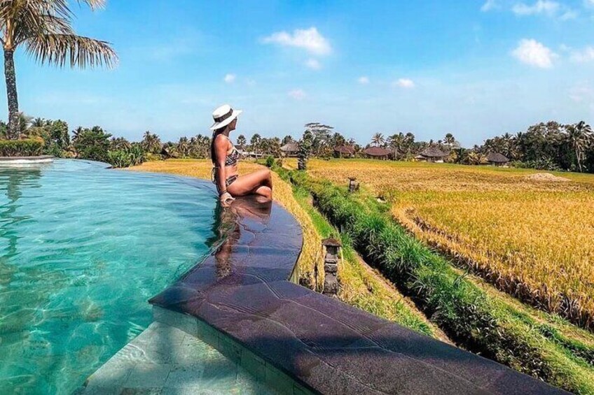 A person sitting on a pool edge with a rice field and palm trees in the background. 3