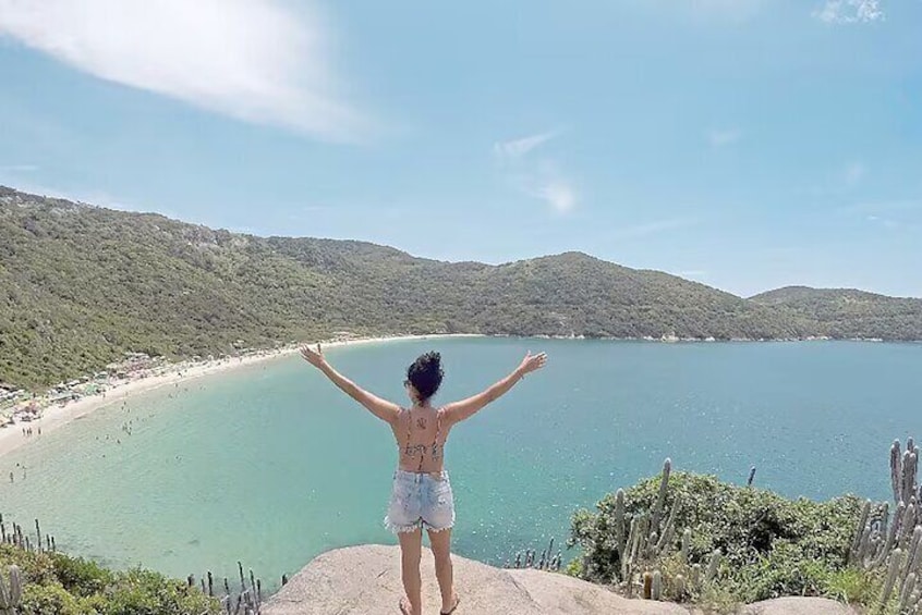 A person standing on a cliff overlooking a beach with arms outstretched, facing a calm sea and a hilly landscape. 2