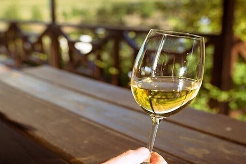 A hand holding a wine glass with a yellow liquid, possibly white wine, on a wooden bench outdoors. 3