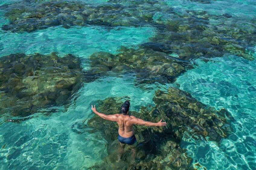 A person swimming in clear turquoise water with rocks. 1