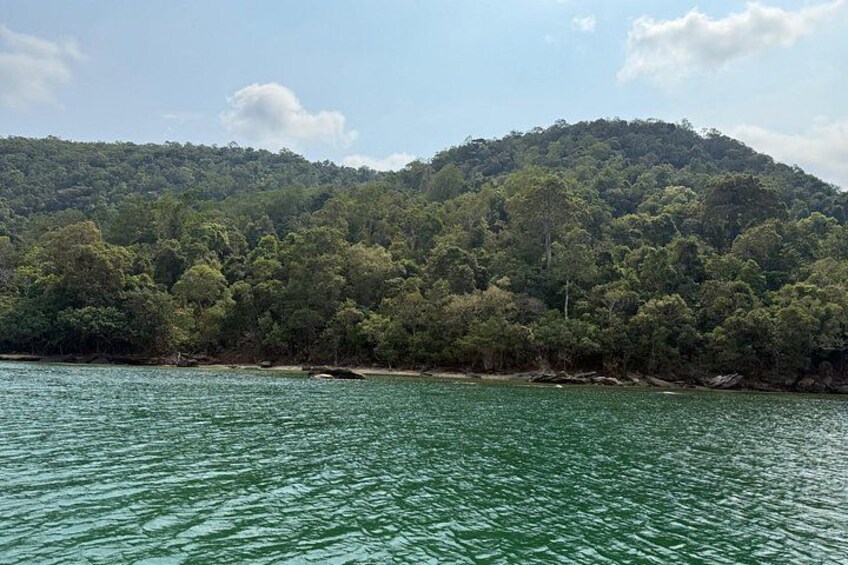 A calm body of water with a forested hill in the background. 3