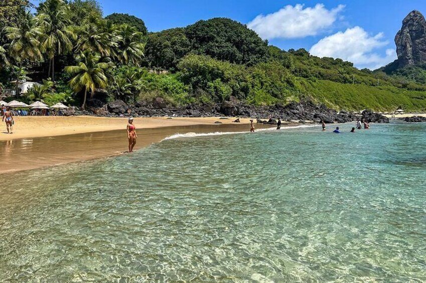 A beach with clear water, palm trees, and a rocky outcrop. 4