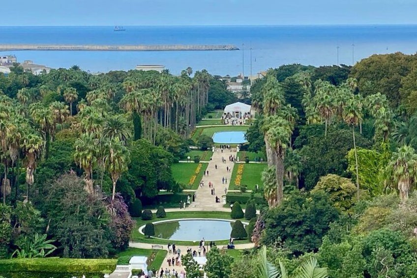 A park with a central pathway, palm trees, a pond, and a distant view of the ocean. 4