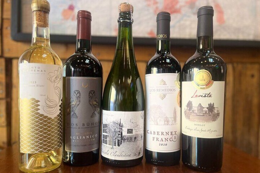 Five wine bottles on a wooden surface with a framed picture in the background. 3