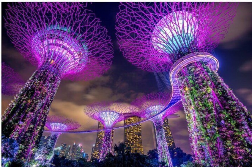 Illuminated structures with a complex network of lights against a city skyline. 2