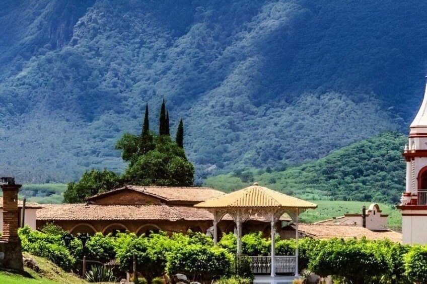 A vineyard with a gazebo, a building with a tiled roof, and a mountain in the background. 1