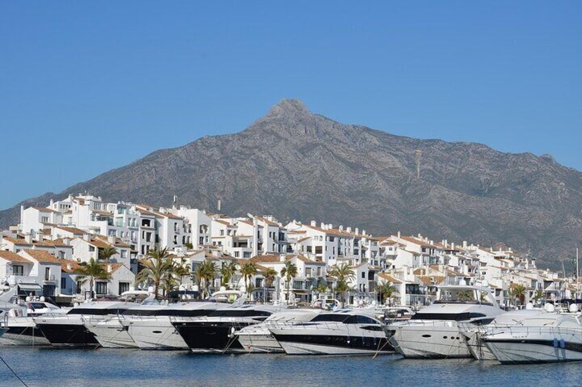 A marina with yachts, a coastal town, and a mountain in the background. 4