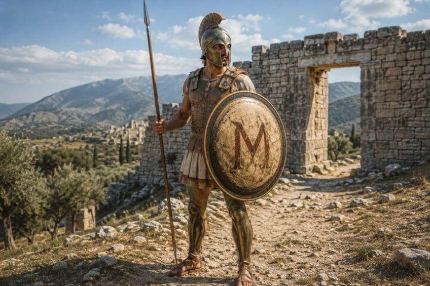 A historical figure in armor holding a spear and shield, standing in front of ancient ruins with mountains in the background. 2