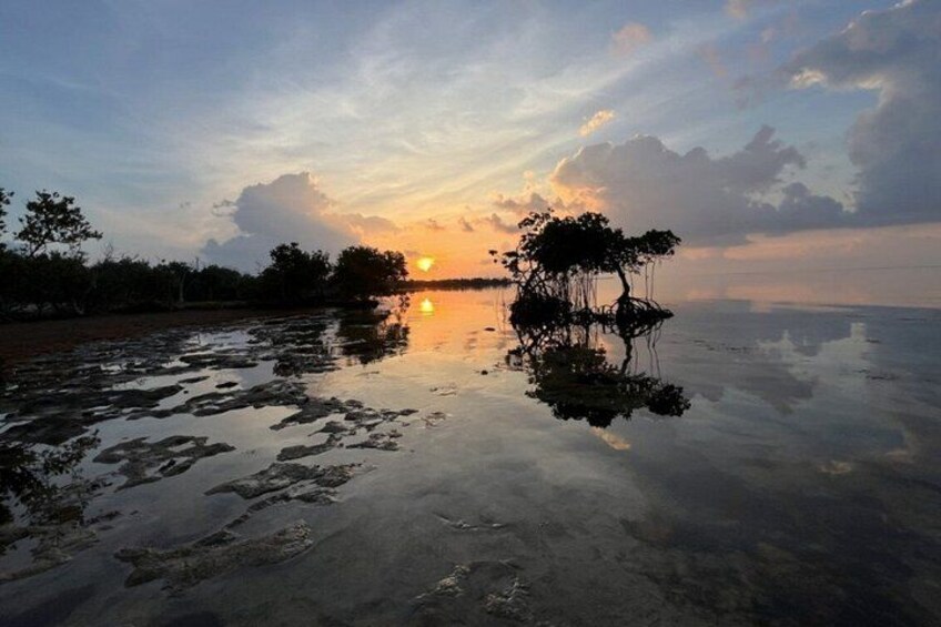 A sunset over a calm body of water with a small island reflected in the surface. 2