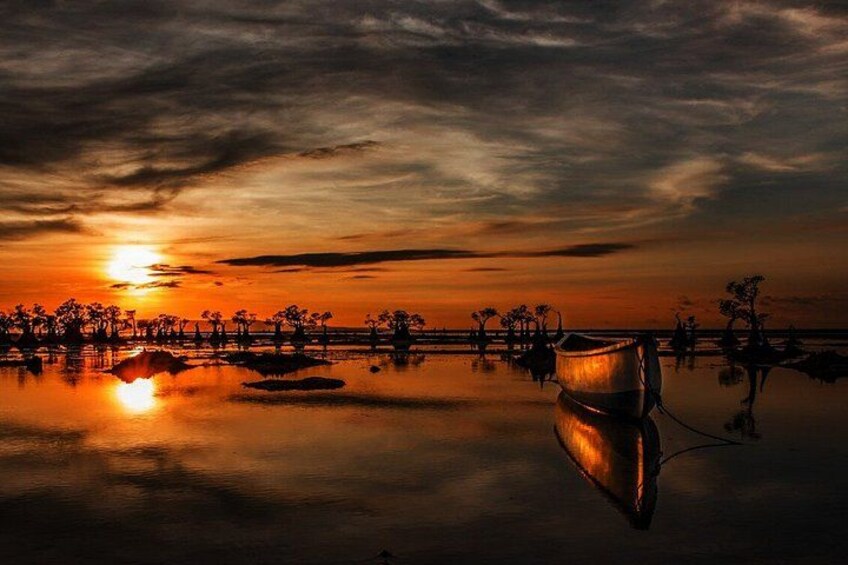 A sunset over a calm water body with boats and trees silhouetted against the sky. 3