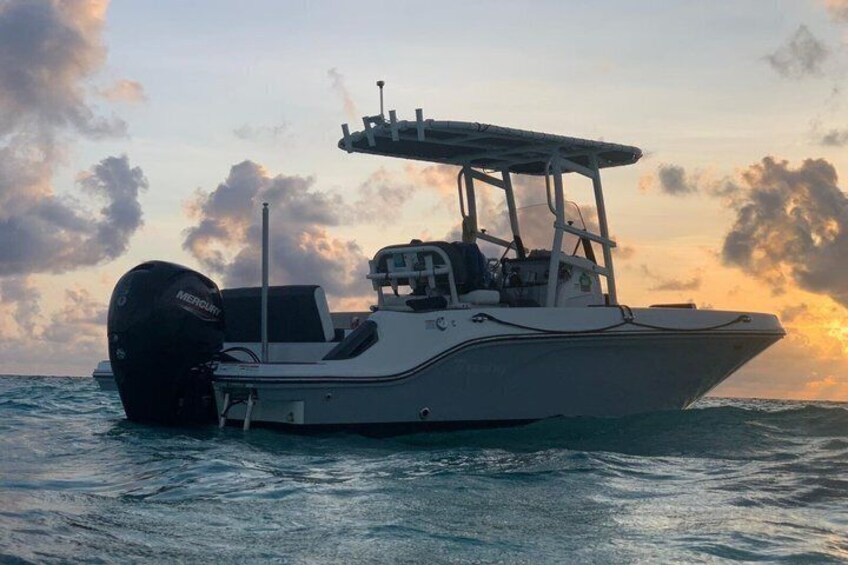 A motorboat on calm waters during sunset. 1