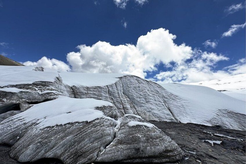 A glacier with snow-covered terrain and a clear blue sky. 1