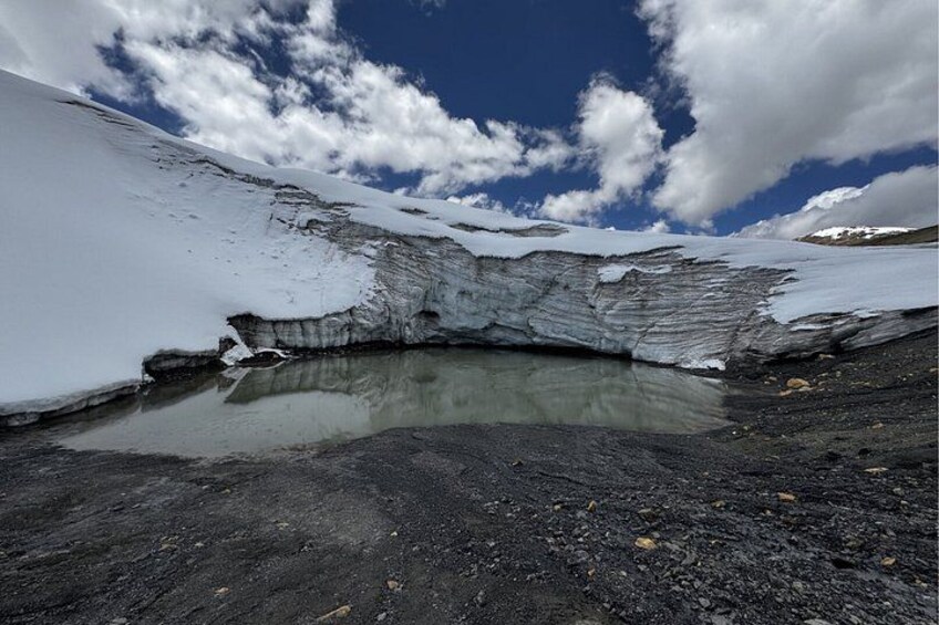 A glacier with a crevasse and a small pool of water. 5