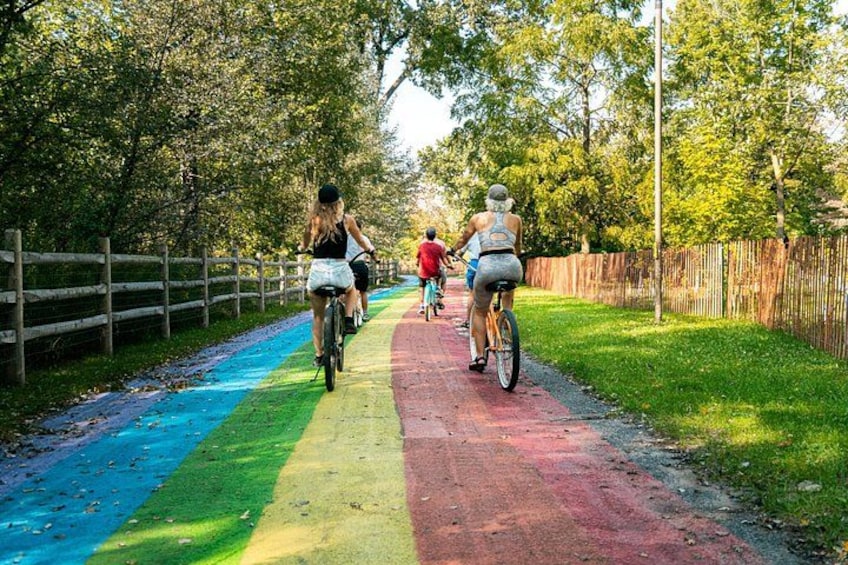 A path with a rainbow-colored surface, surrounded by trees and a wooden fence. 2