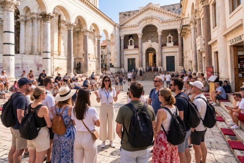 A group of tourists gathered in a historical square with classical architecture, including columns and arches. 1