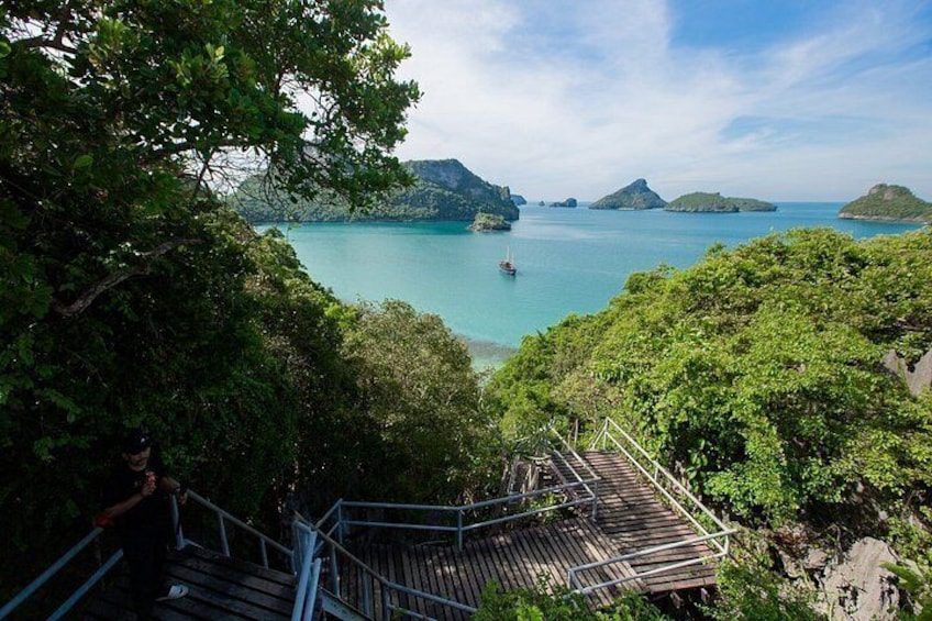 A wooden staircase leading down to a turquoise sea with islands in the distance. 3