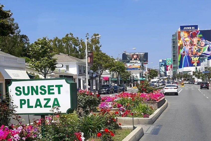 A street with a sign for Sunset Plaza, a billboard for Toy Story 4, and various storefronts. 5
