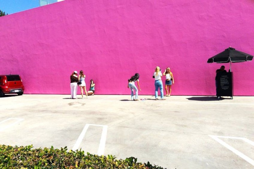 A group of people standing and walking in a parking lot with a bright pink wall in the background. 5