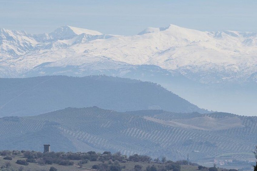 Snow-covered mountains, a valley, and a distant tower. 5
