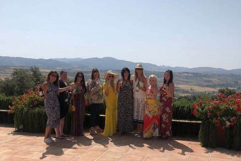A group of people standing on a terrace with a scenic view of hills and flowers. 4