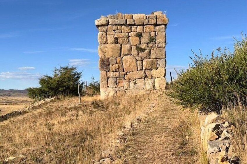 A stone structure with a pathway leading to it, surrounded by dry grass and sparse vegetation. 3