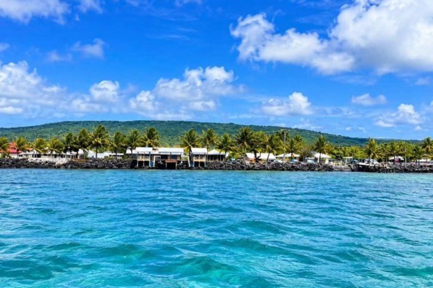 A coastal resort with buildings, palm trees, and a clear blue sea. 5
