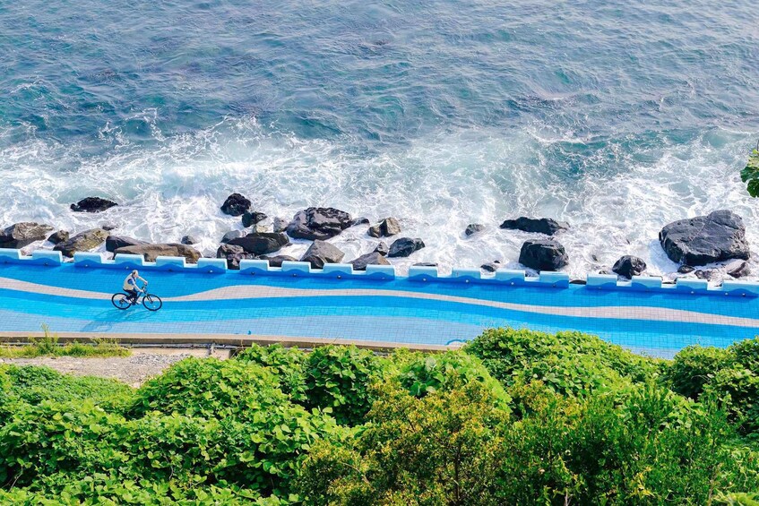 A coastal swimming pool with waves crashing against rocks, a cyclist on the path, and lush greenery in the foreground. 3