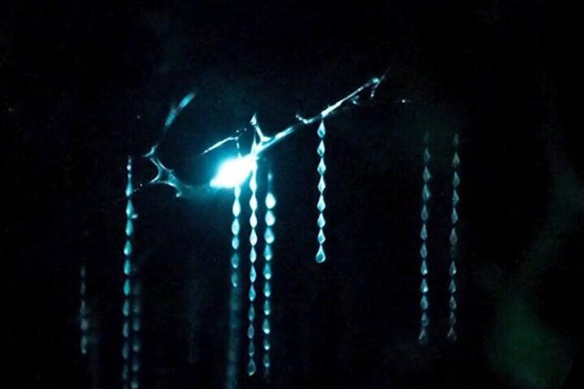 A dark scene with a bright light source and hanging lights. 5