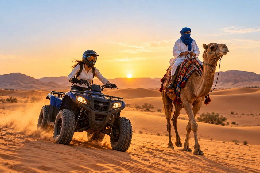 A person riding an ATV in a desert with sand dunes and a camel in the background. 1