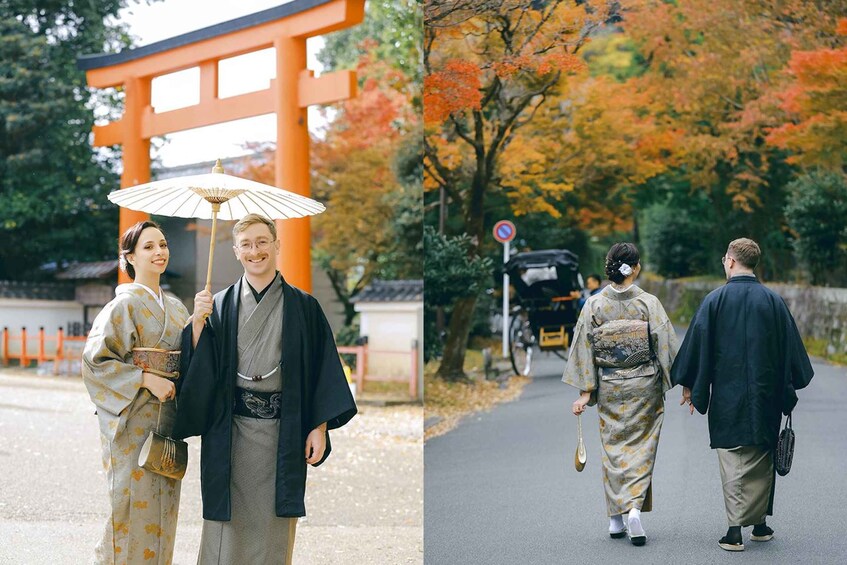 A couple in traditional Japanese attire walking past a torii gate and autumn trees. 5