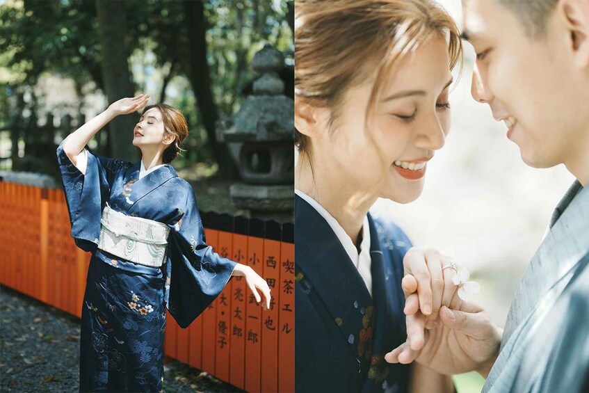 Siniseen, kukkakuviolliseen kimonoon pukeutunut henkilö seisoo perinteisessä japanilaisessa ympäristössä. Taustalla näkyy kivilyhty ja punainen torii-portti. 4
