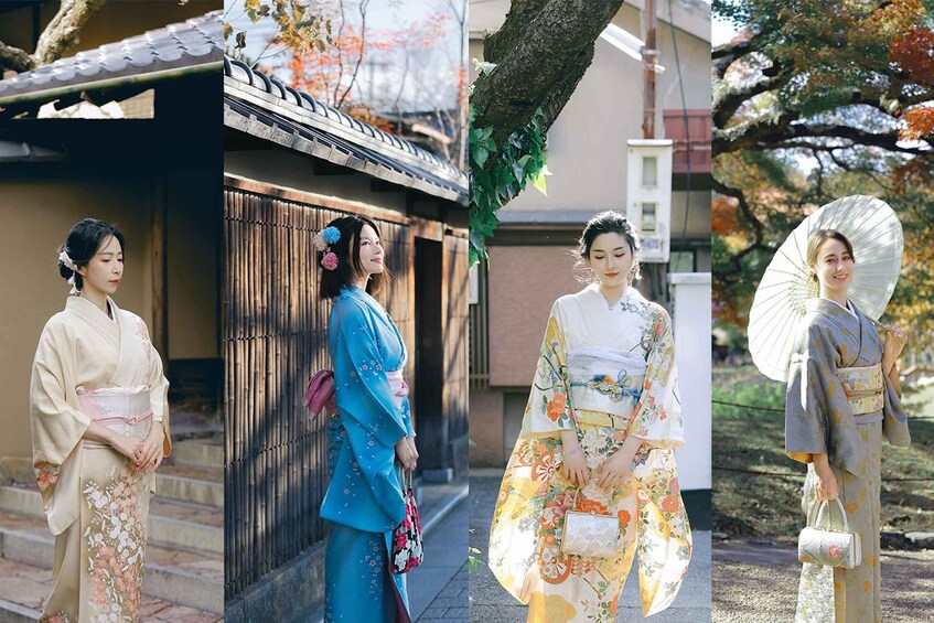 Perinteisiin japanilaisiin kimonopukuihin pukeutuneita naisia kävelemässä kadulla. 1
