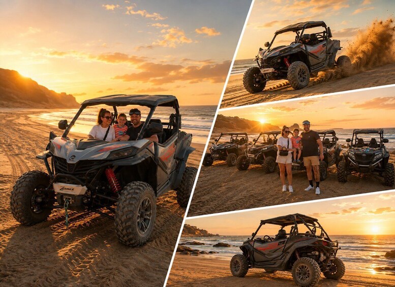 Off-road vehicles on a beach at sunset. 1