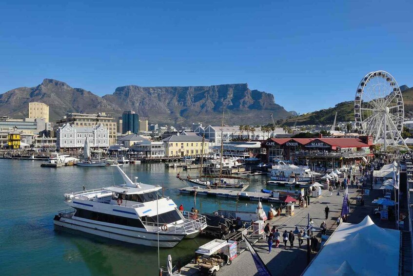 A marina with boats, a Ferris wheel, and buildings with Cape Union and Mart signs. 3