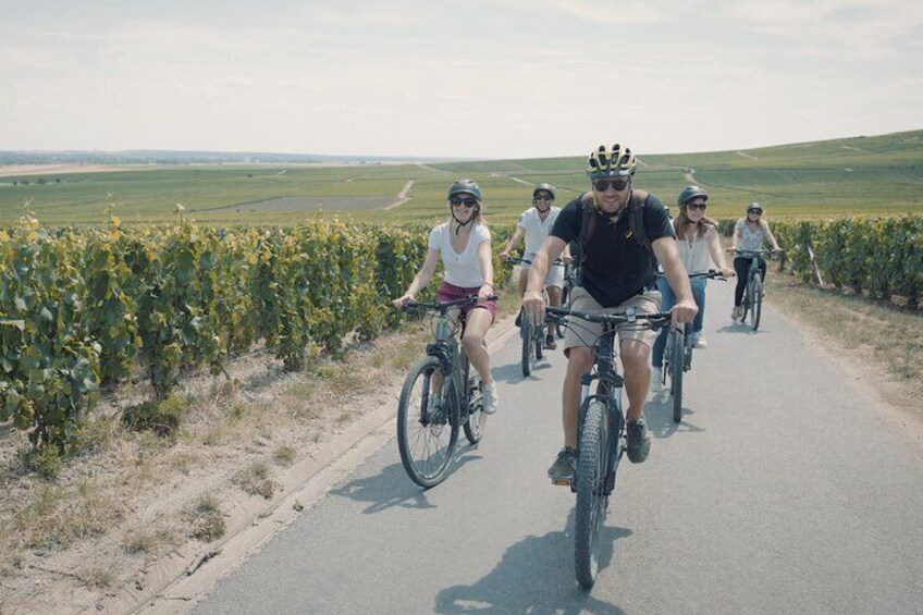 A group of cyclists on a paved road with a vineyard on one side. 2