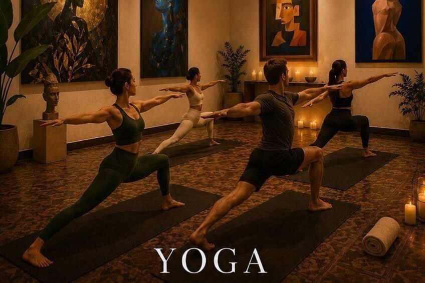 A yoga class in a room with art on the walls and candles on the floor. 1