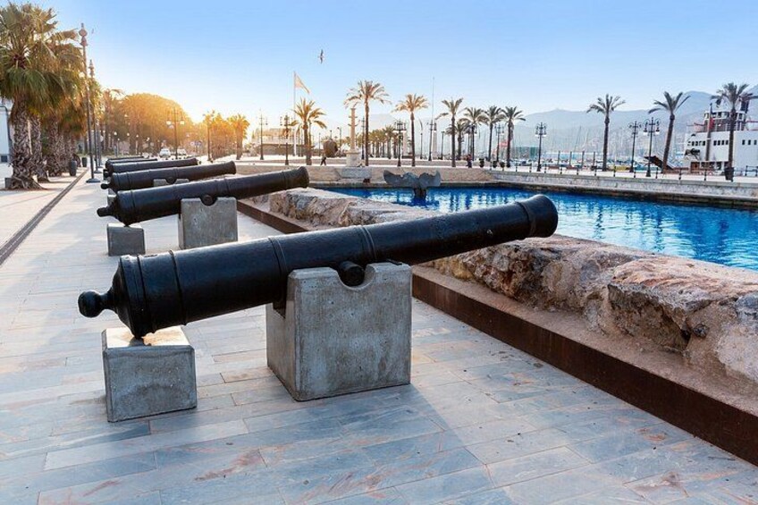 A row of cannons lined up along a waterfront promenade with palm trees and a clear sky in the background. 2