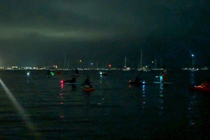 A nighttime scene with boats on water, distant city lights, and a cloudy sky. 4