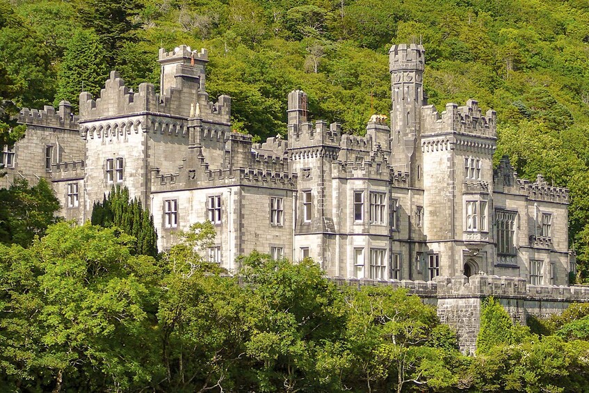 A large, historic castle surrounded by lush greenery. 1