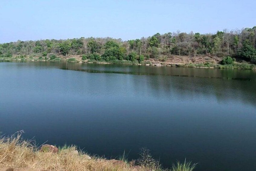 A calm lake with a forested shoreline. 5