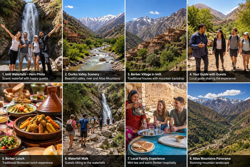 A waterfall, valley, traditional houses, a guide, a lunch, a hike, a tea experience, and a mountain view. 2