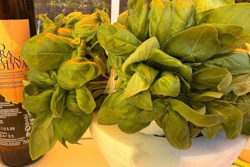 A bowl of fresh basil leaves, a bottle of olive oil, and a glass of red wine on a table. 1