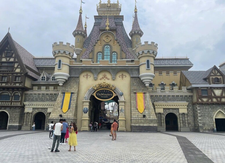 A castle-like building with a sign reading 'VinWonders PHU QUOC.' 3